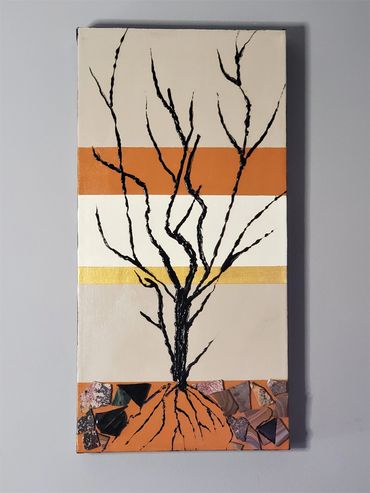 Rooted: $150; 12'x24"; Acrylic on Gallery Grade Canvas,  Shale, and texture; Dark Woods Series