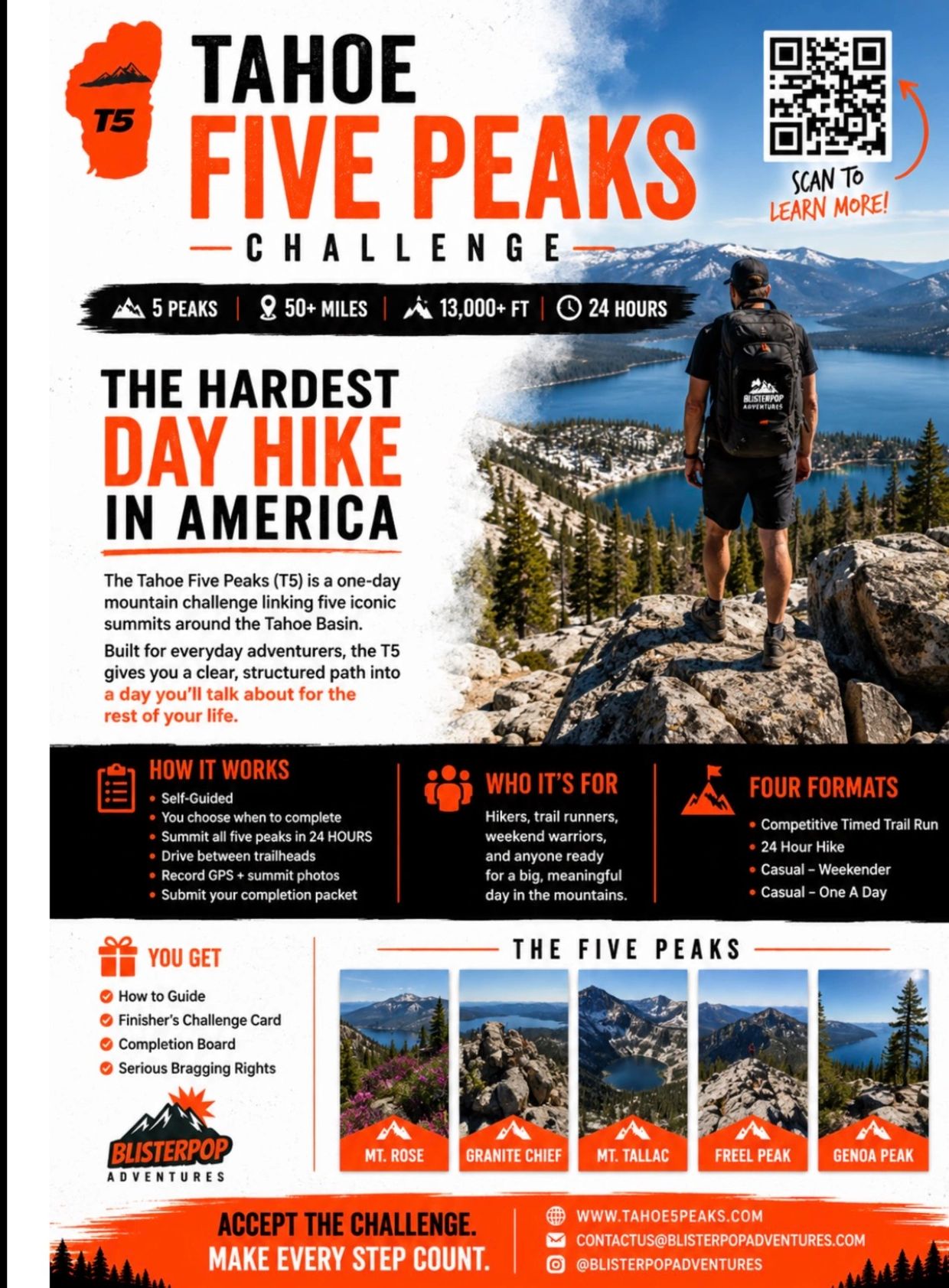 Promotional flyer for Tahoe Five Peaks, a challenging one-day hike covering five peaks.