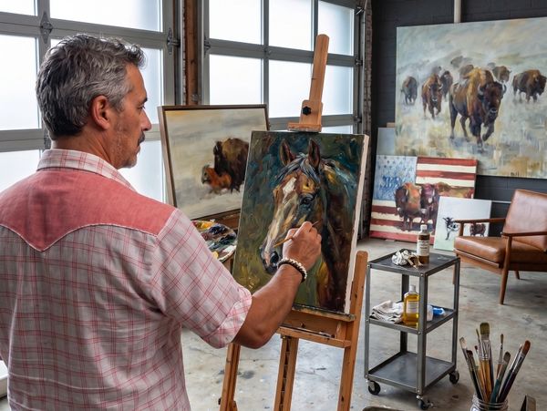 Artist painting a horse portrait in a studio filled with animal paintings.