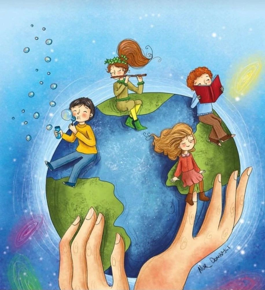 Children sitting on Earth, playing and reading, held gently by large hands.