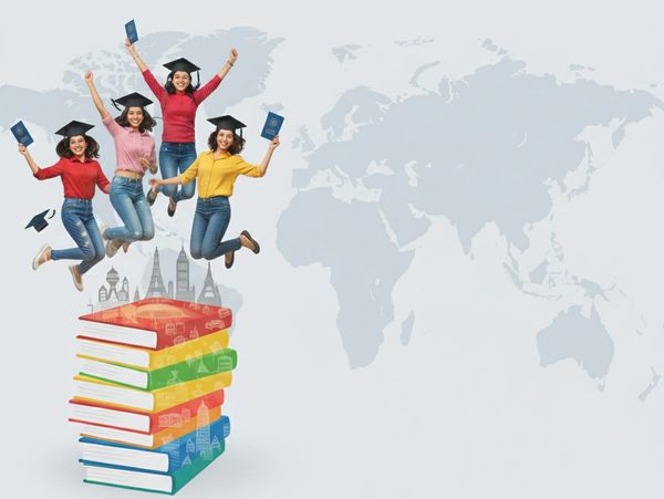 Four graduates joyfully jump over a stack of colorful books with a world map backdrop.