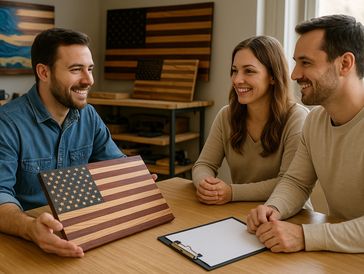 Man shows a wooden American flag to a smiling couple at a table.