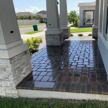 Old Castle pavers installed on a front lanai.