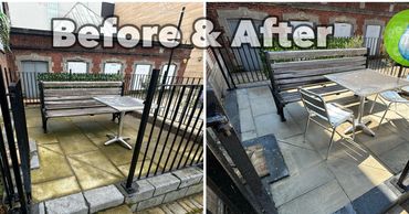 patio area of Coatham memorial hall before and after power washing