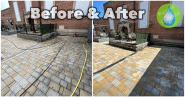 Before and after pictures of Coatham Memorial Hall after jet washing
