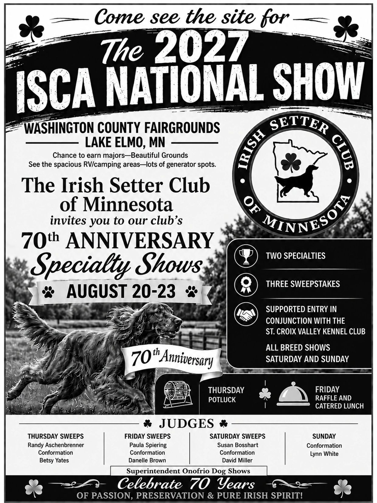 Flyer for the 2027 ISCA National Show by the Irish Setter Club of Minnesota.