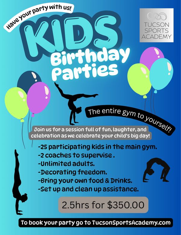 Kids birthday parties with gym access and supervision at Tucson Sports Academy.