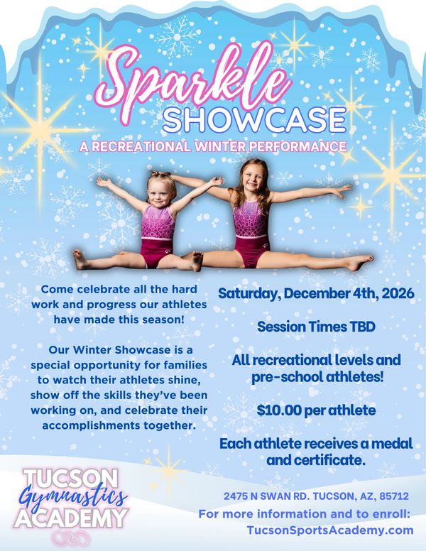 Winter gymnastics showcase for recreational athletes at Tucson Gymnastics Academy.