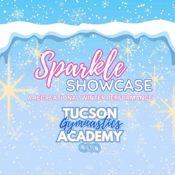 Winter gymnastics event poster titled Sparkle Showcase.