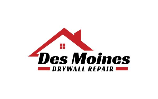 Logo for Des Moines Drywall Repair featuring a red house roof and bold text.