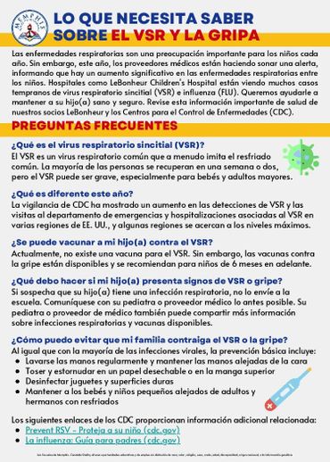 Información sobre el virus respiratorio sincitial (VSR) y la gripe, prevención y cuidados para niños.