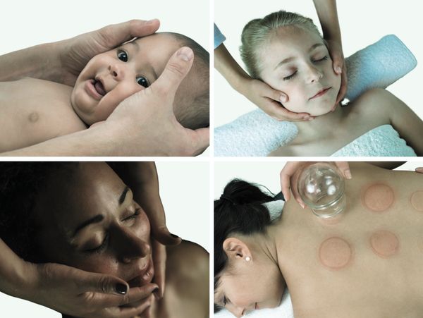 Image of 4 different people getting a Myofascial Release, Cupping, Bodywork, Cranosacral Therapy CFT