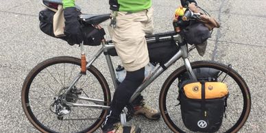 Cyclist prepares his gear for the ride from Pittsburgh to Washington DC