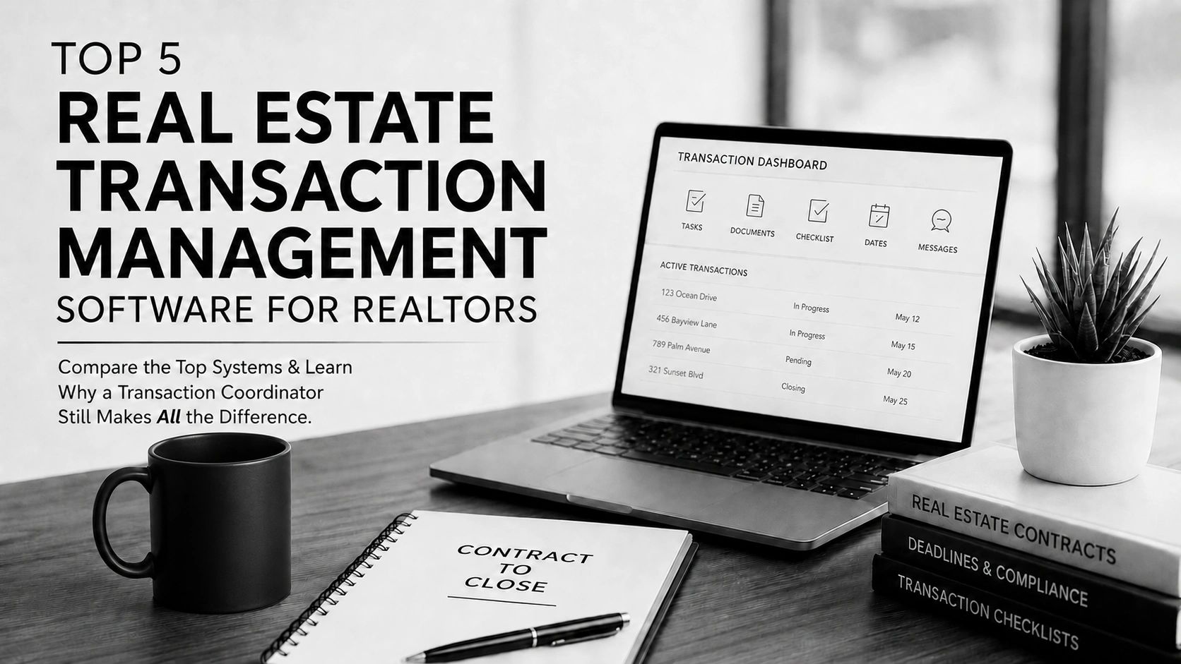 Workspace with real estate transaction software and contract notebook.