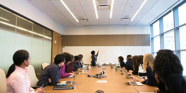 A business meeting with a presenter and attentive participants in a modern conference room.
