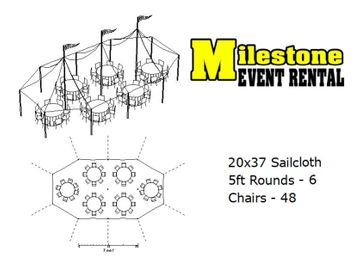 20x37 seating 48 people with 6 5ft round tables
