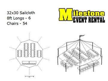 32x30 sailcloth tent layout with 54 chairs