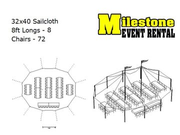 32x40 sailcloth tent layout seating 72 chairs