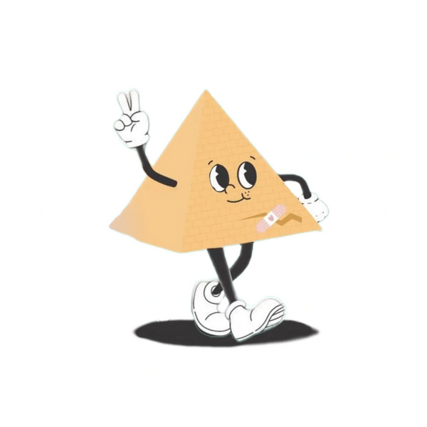a graphic of a cracked pyramid (podcast logo) with arms, legs, and a face, throwing the peace sign