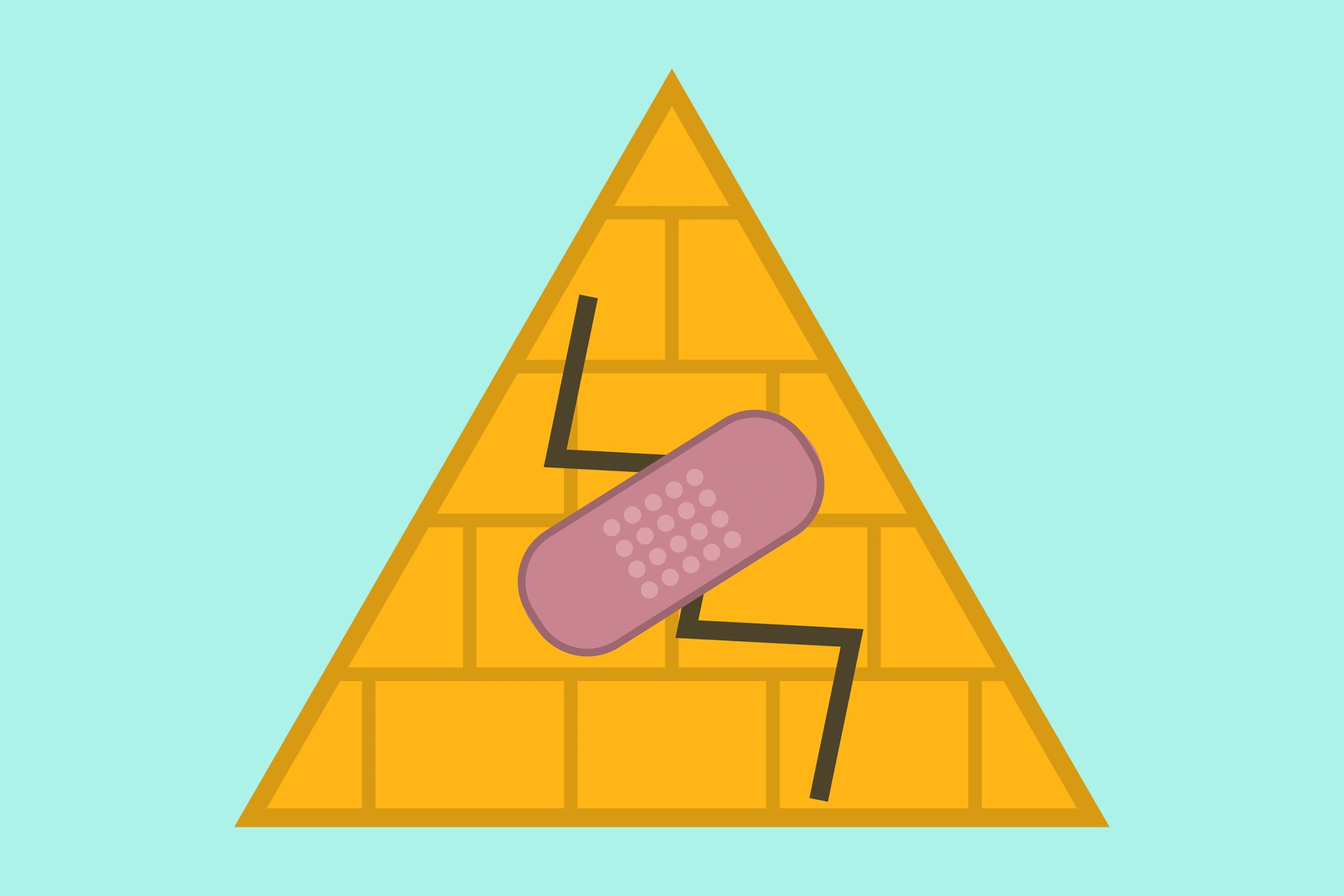 The podcast logo, an illustration of a cracked pyramid with a band-aid on it