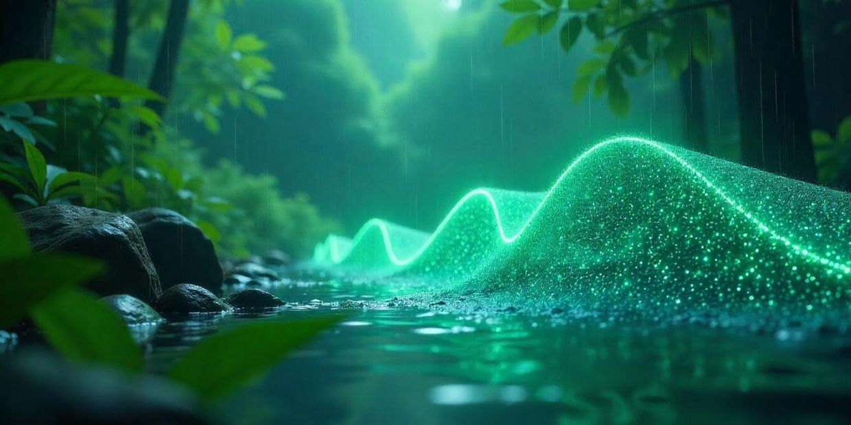 Glowing green wave pattern flows through a forest stream in the rain.