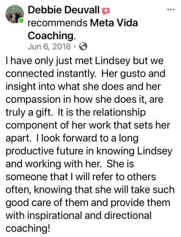 Positive recommendation for Meta Vida Coaching highlighting Lindsey's compassion and insight.