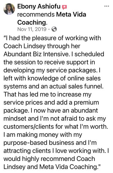 A positive review recommending Meta Vida Coaching for business growth and mindset.