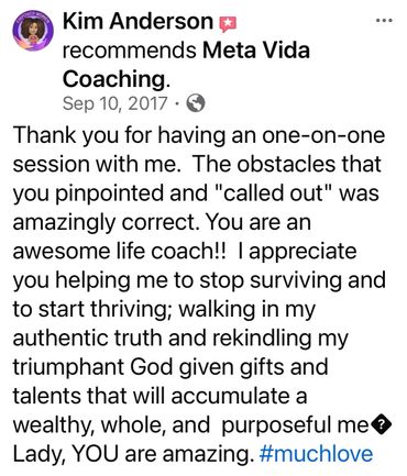 Client praises Meta Vida Coaching for transformative one-on-one life coaching sessions.