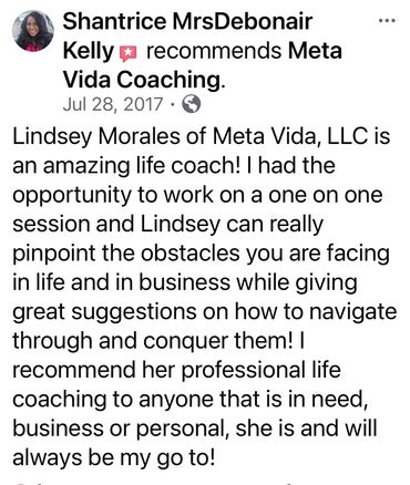 Positive review praising Lindsey Morales as an amazing life coach for personal and business growth.