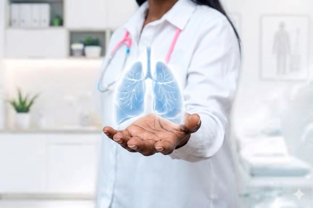 Doctor holding a digital lungs hologram.