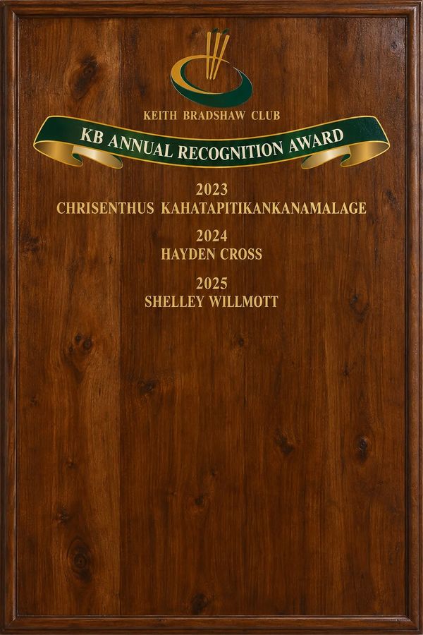 Wooden award plaque with KB Annual Recognition Award for 2023-2025.