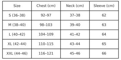 Men's Western work shirt size chart with chest, neck, and sleeve measurements in cm.