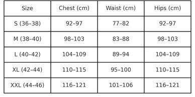 Men's T-shirt size chart with chest, waist, and hips measurements in cm.