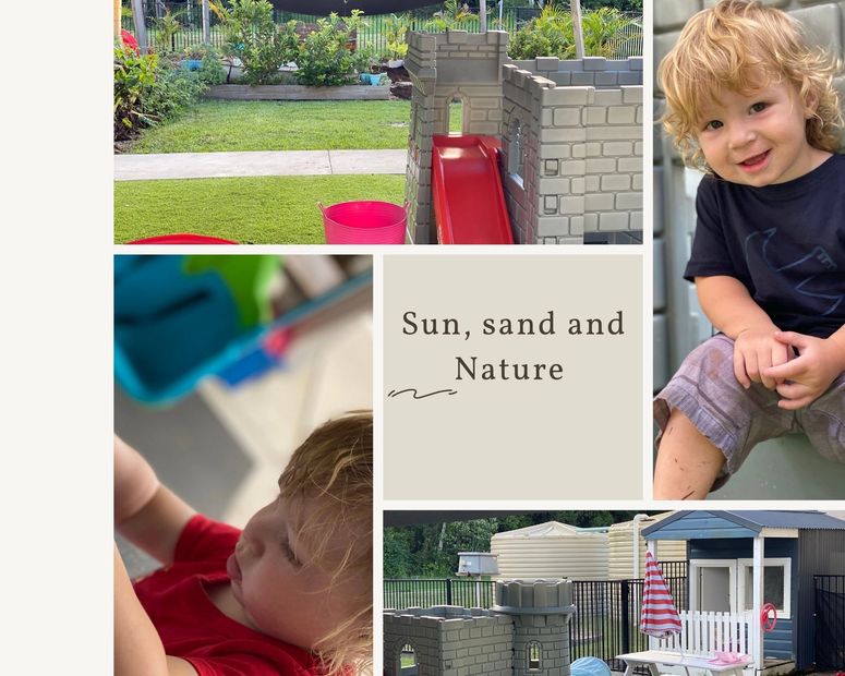 Kids playing outside with a castle slide and toy house.