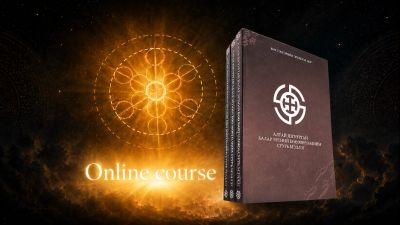 Digital advertisement for an online course with mystical symbols and books.