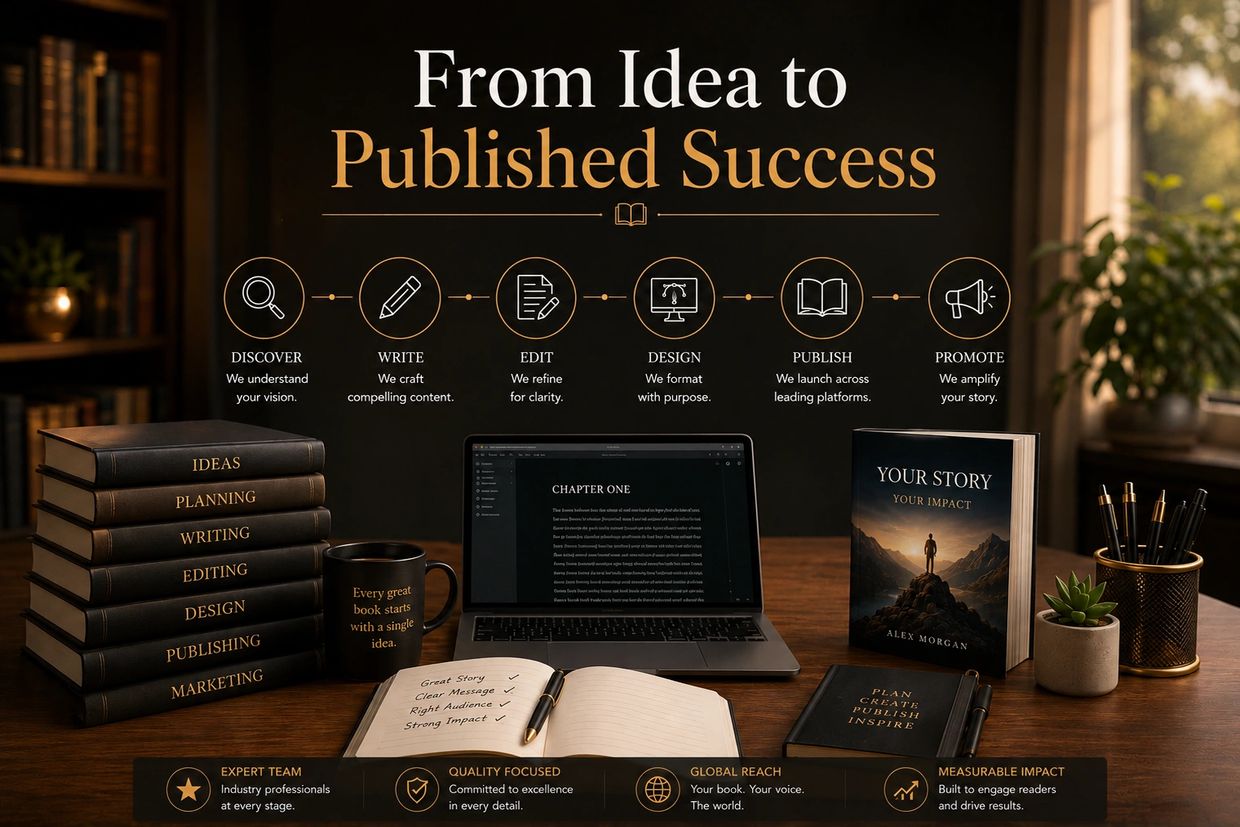 A workspace illustrating the journey of publishing a book from idea to promotion.