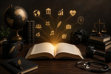 Open book with glowing icons of knowledge and creativity above it.