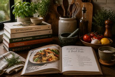 Open cookbook with roasted tomato and basil pasta recipe amid kitchen essentials.