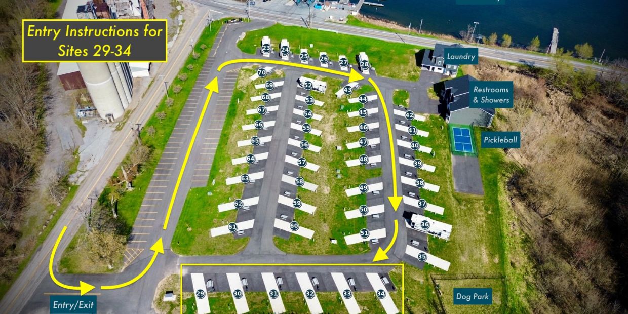 Aerial view of an RV park with labeled sites and facilities.