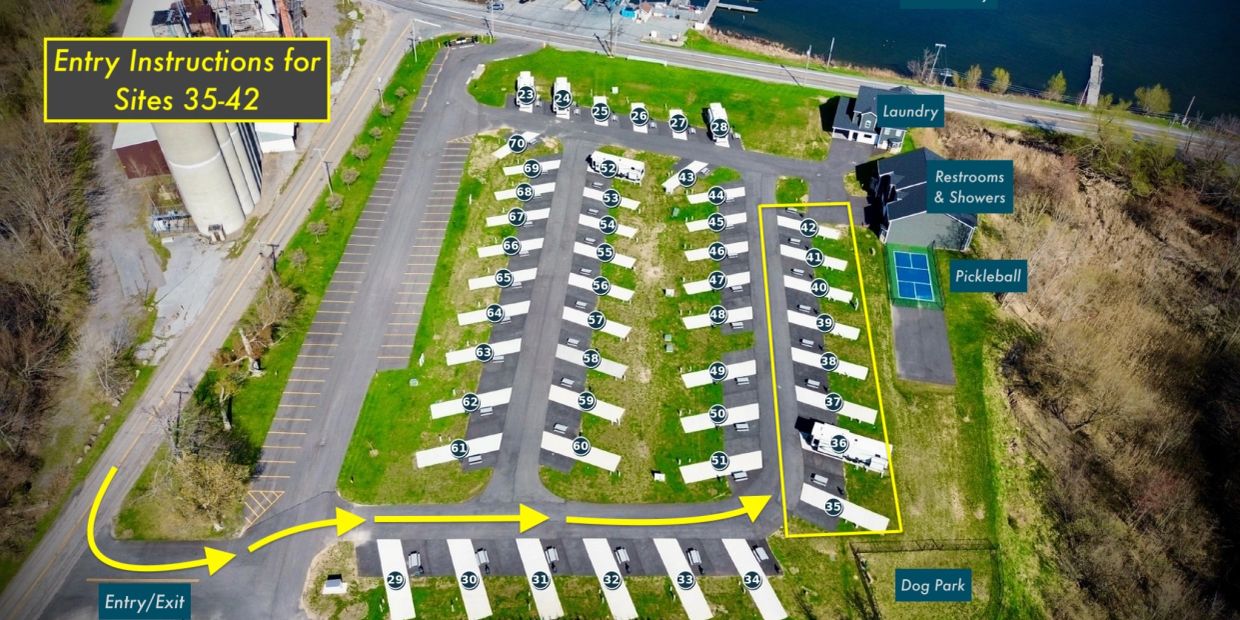 Aerial view map with entry instructions for sites 35-42 at a campground.