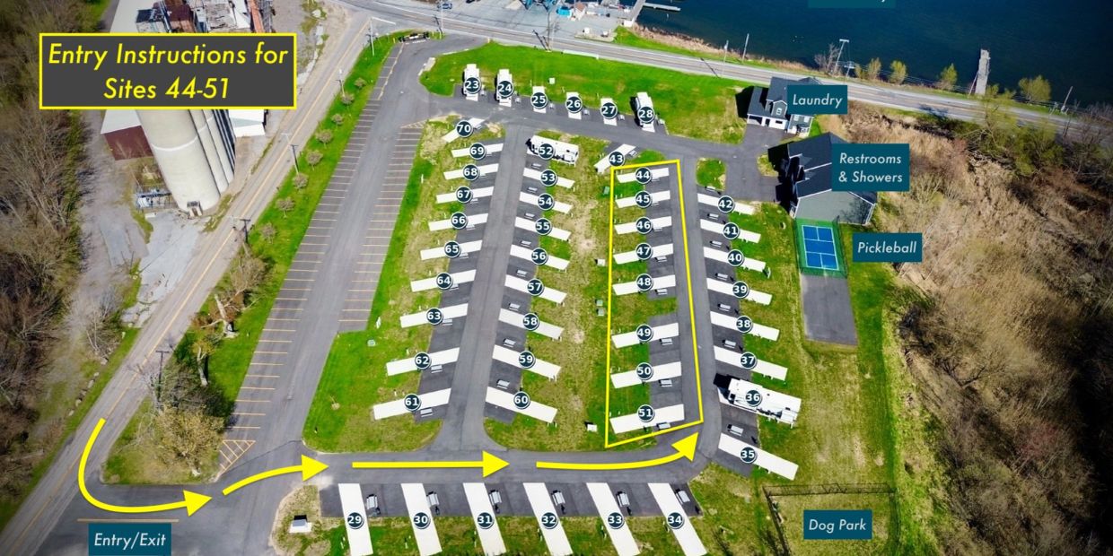 Aerial view of a campground with RV sites and instructions for sites 44-51.