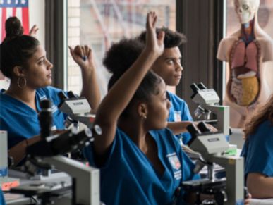 Students in an anatomy class raise their hands