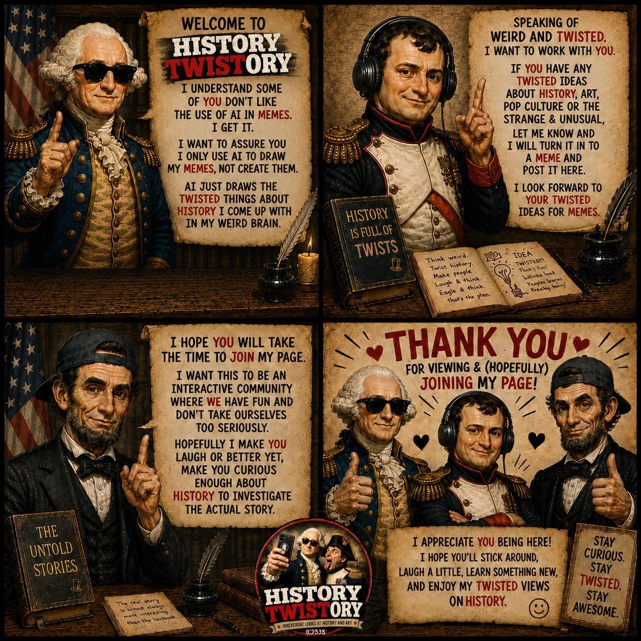 Historical figures promoting the History Twistory page with messages about twisted history and memes.
