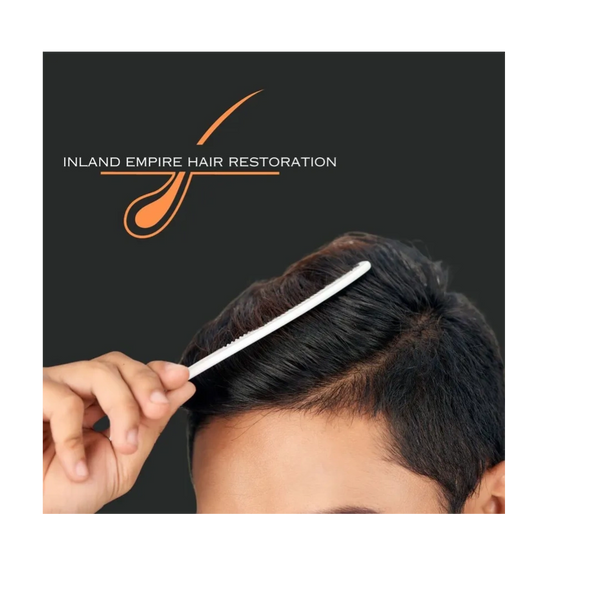Man combing his full head of hair and Inland Empire Hair Restoration logo.