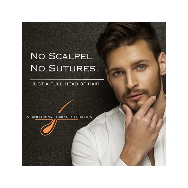 Man with hand on chin and the Inland Empire Hair Restoration logo.