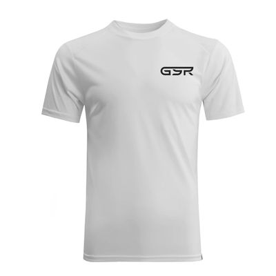 White t-shirt with a small black GSR logo on the chest.