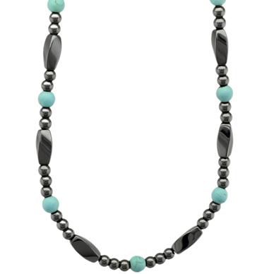 Necklace design that features Magnetic Hematite, Turquoise and Magnetic Jewelry Clasps.