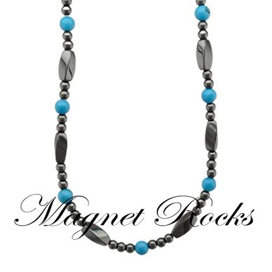 Blue Turquoise Hematite Magnetic Necklace has Blue Turquoise and Magnetic Jewelry Clasp.