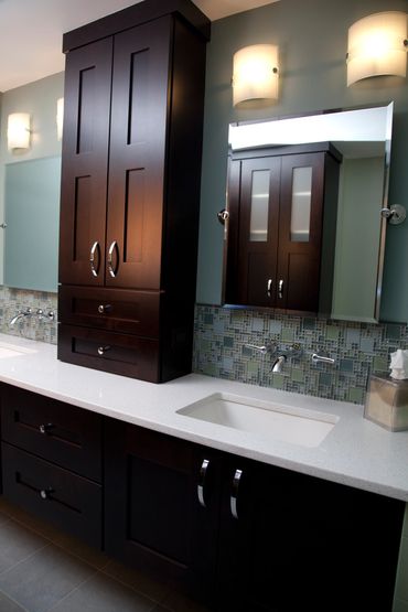 Dark wood double sink bath cabinet