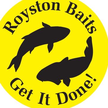Royston Baits logo with fish and slogan on yellow background.